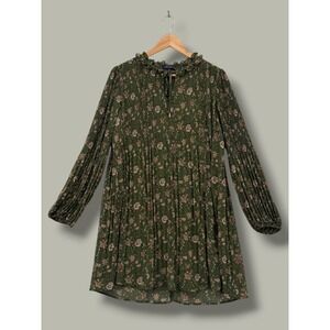 Skies Are Blue Olive Green Floral Mini Dress Tie Neck Boho Cottagecore L